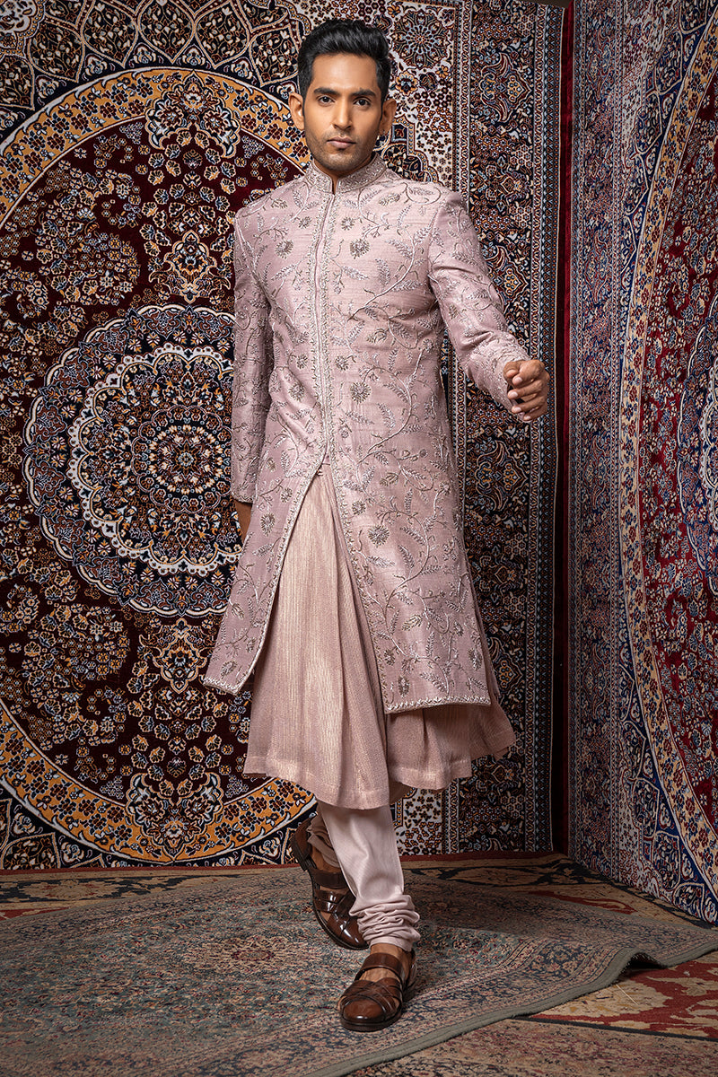 Mauve Raw Silk Heavy Work Sherwani Set