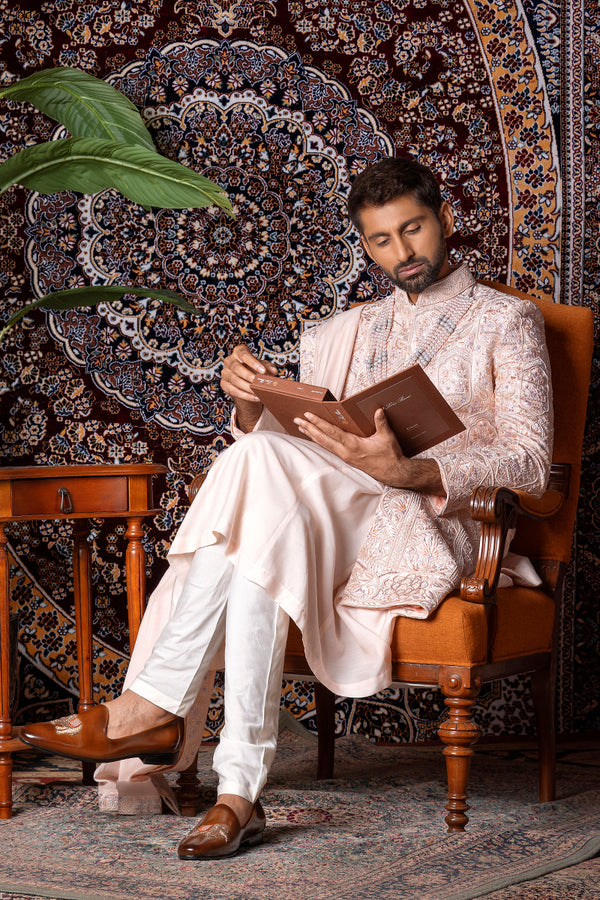 Pink Slub Silk Sherwani Set