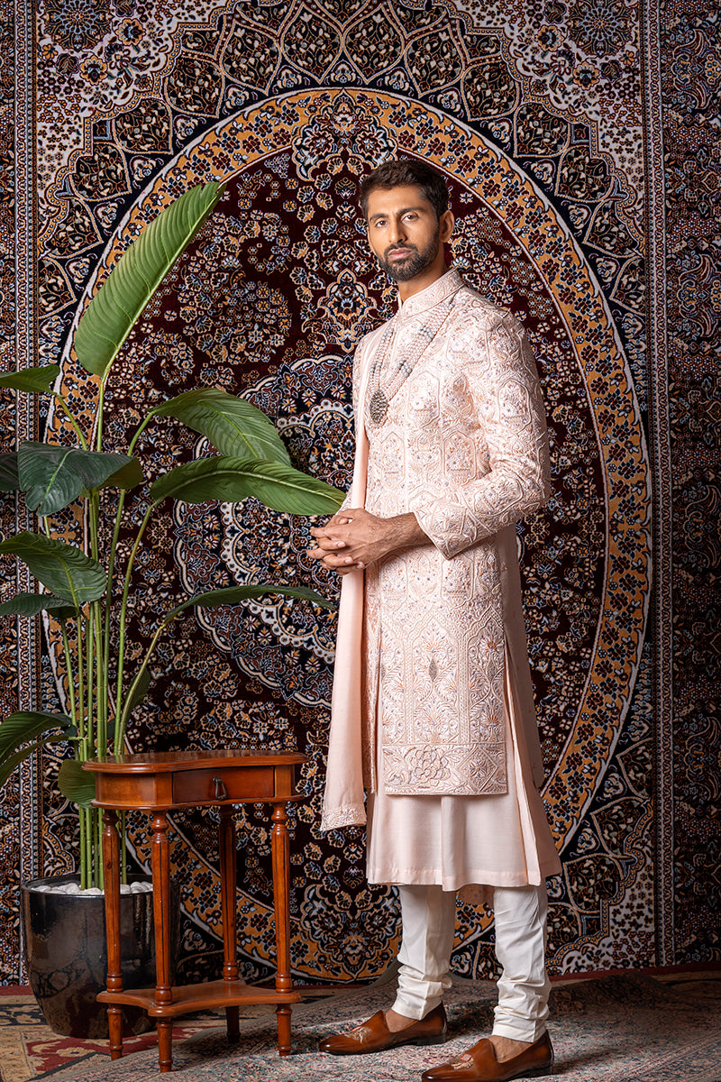 Pink Slub Silk Sherwani Set