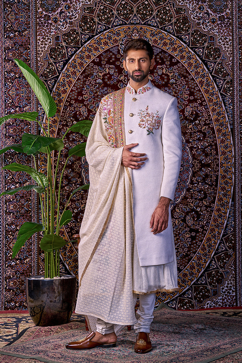 Matka Silk A Line Ivory Sherwani Set