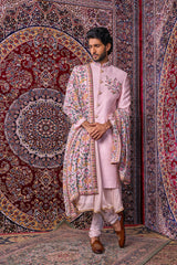 Self Texured Pink Silk Sherwani Set