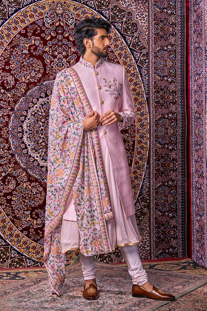 Self Texured Pink Silk Sherwani Set