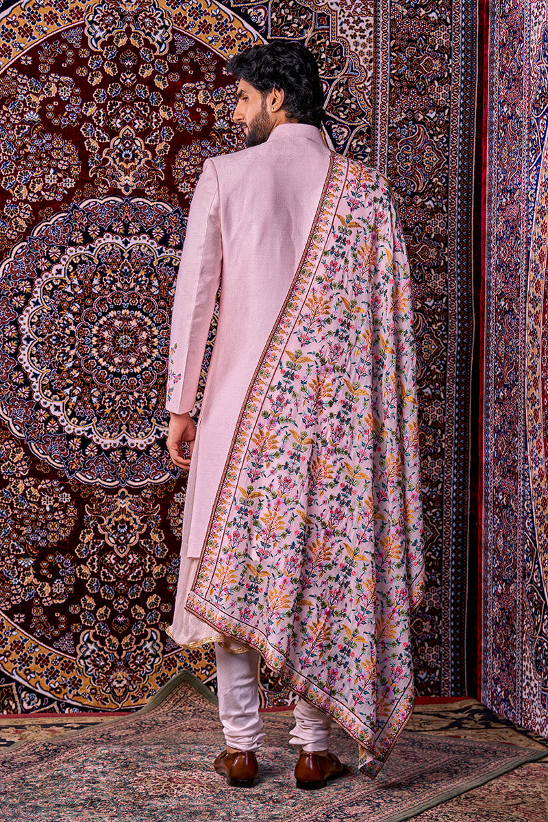 Self Texured Pink Silk Sherwani Set