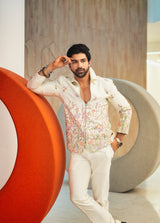 Taha Shah wearing Multi colored floral Embroidered Bomber