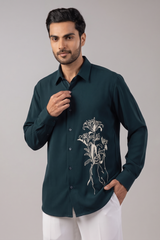 Deep Teal Rearing Horse & Lily Line Art Embroidered Shirt