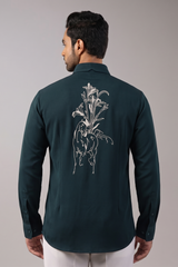 Deep Teal Rearing Horse & Lily Line Art Embroidered Shirt