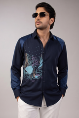 Navy Satin Raglan Sunken Ship Crystal Embroidered Shirt