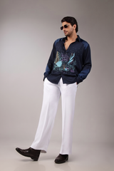 Navy Satin Raglan Sunken Ship Crystal Embroidered Shirt