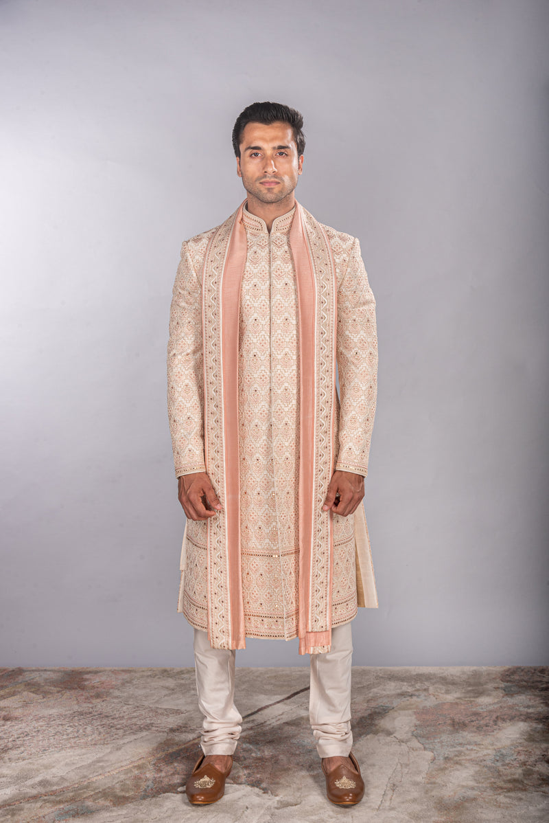 Raw Silk All Over Work Sherwani