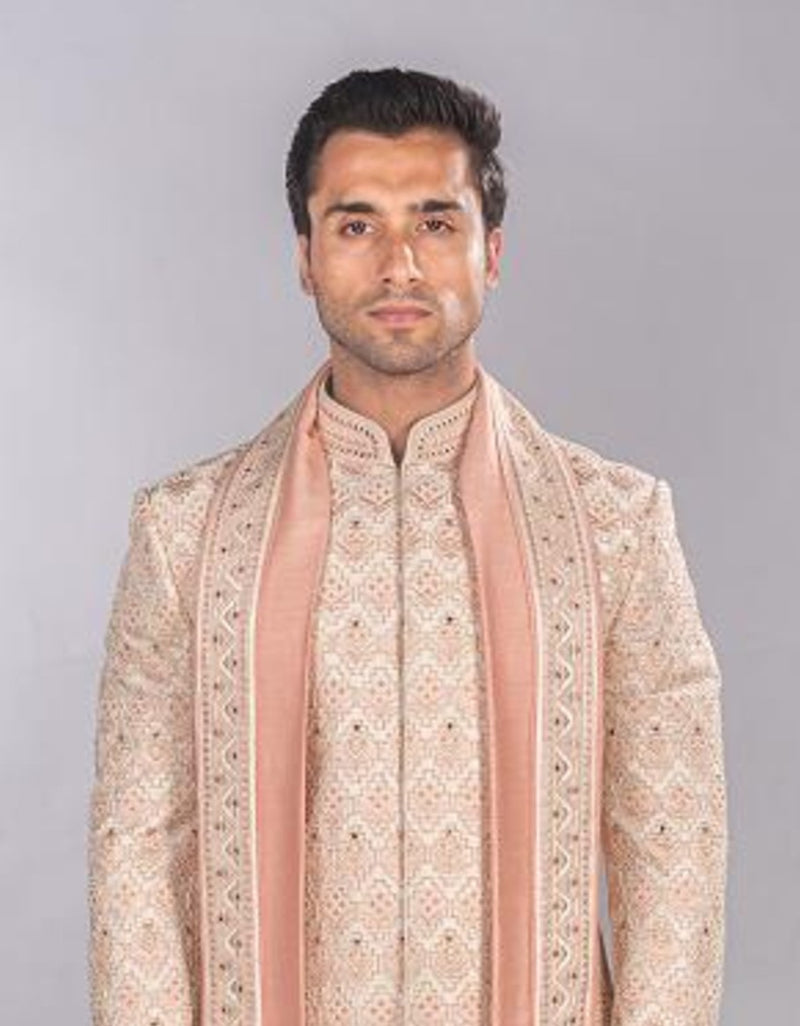 Raw Silk All Over Work Sherwani