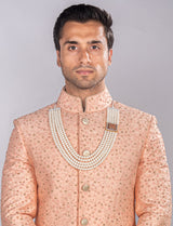 Peach Raw Silk All Over Work Sherwani