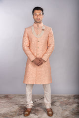 Peach Raw Silk All Over Work Sherwani